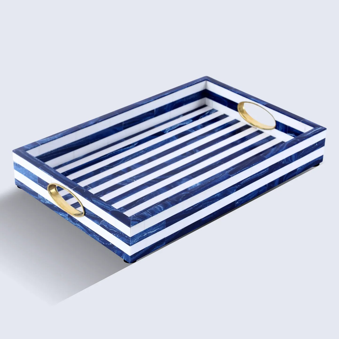 Blue White Resin Inlay Decorative Tray Brass Handle 17x11