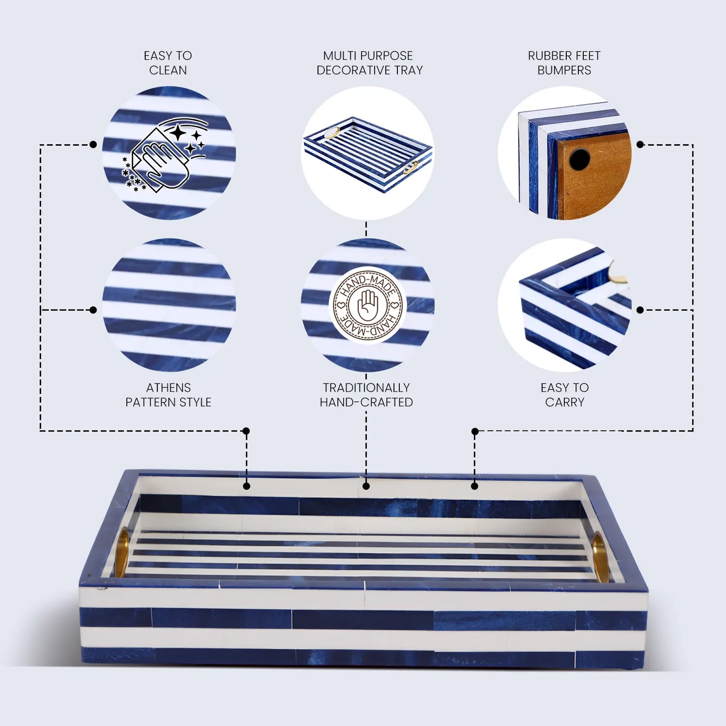 Blue White Resin Inlay Decorative Tray Brass Handle 17x11
