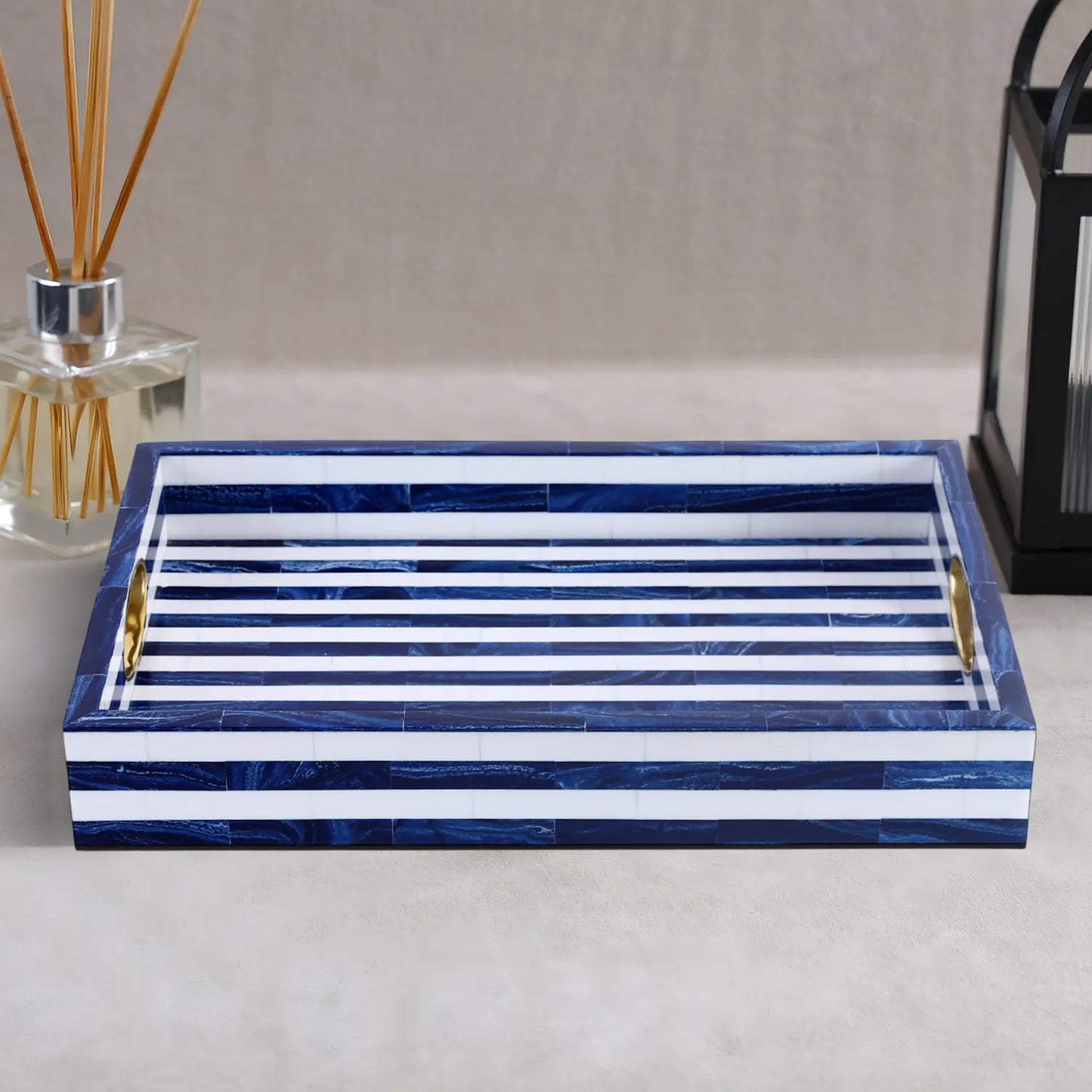 Blue White Resin Inlay Decorative Tray Brass Handle 17x11