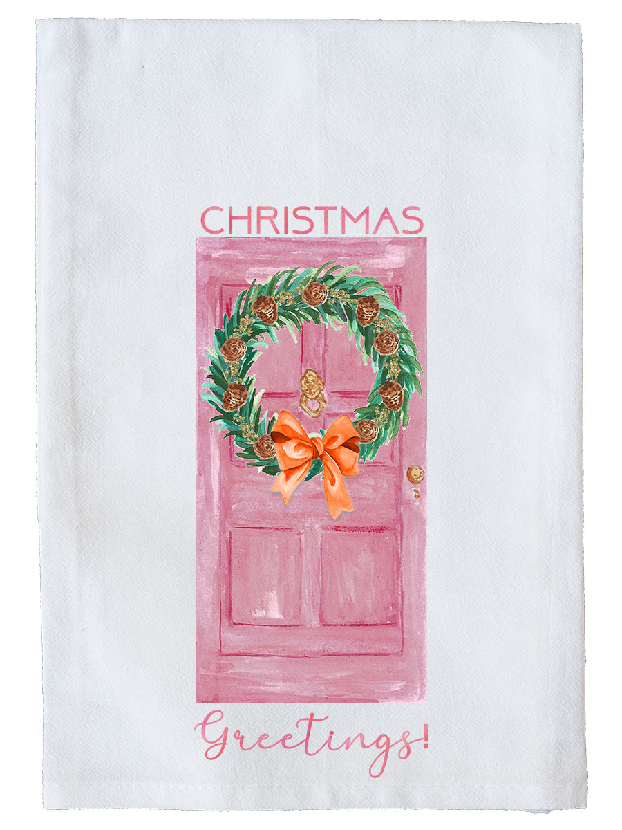 Christmas Greetings Pink Door Kitchen Towel