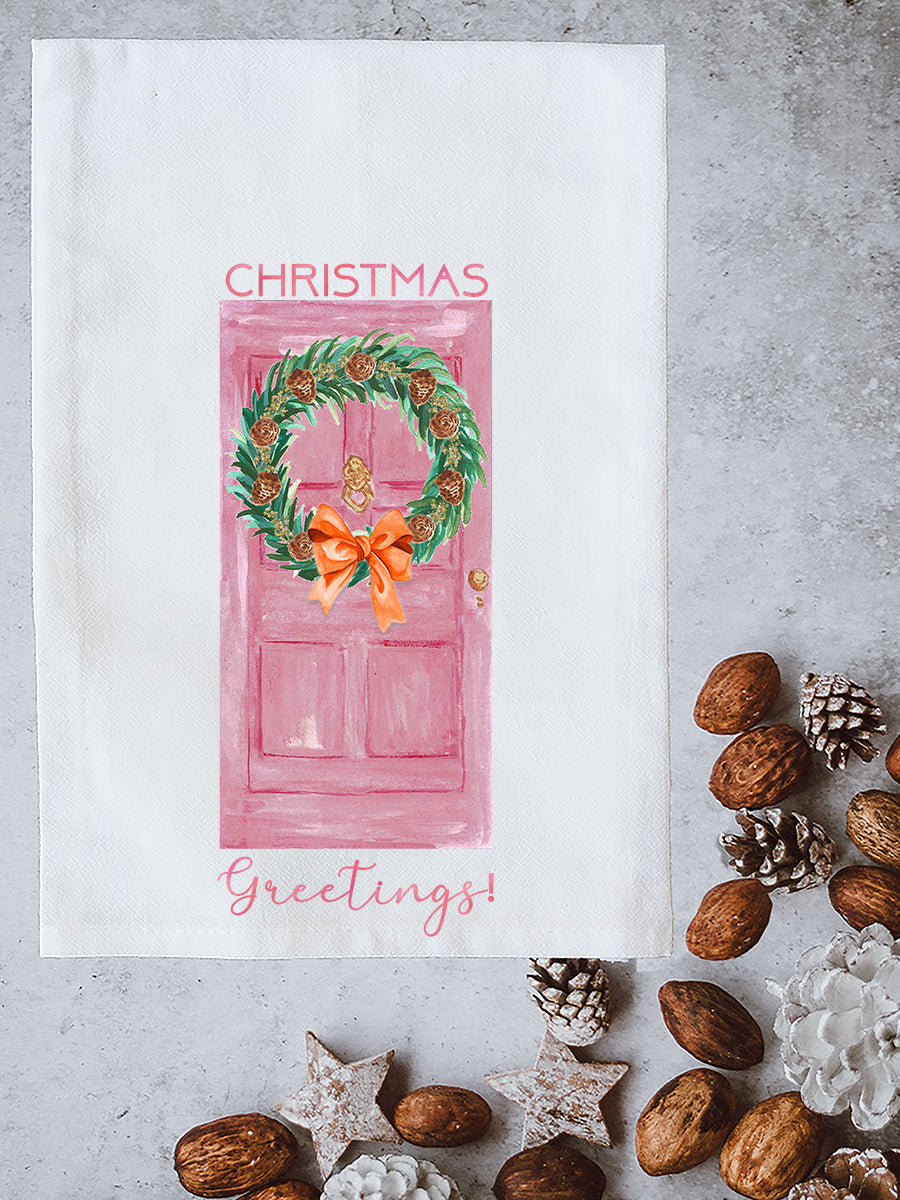 Christmas Greetings Pink Door Kitchen Towel