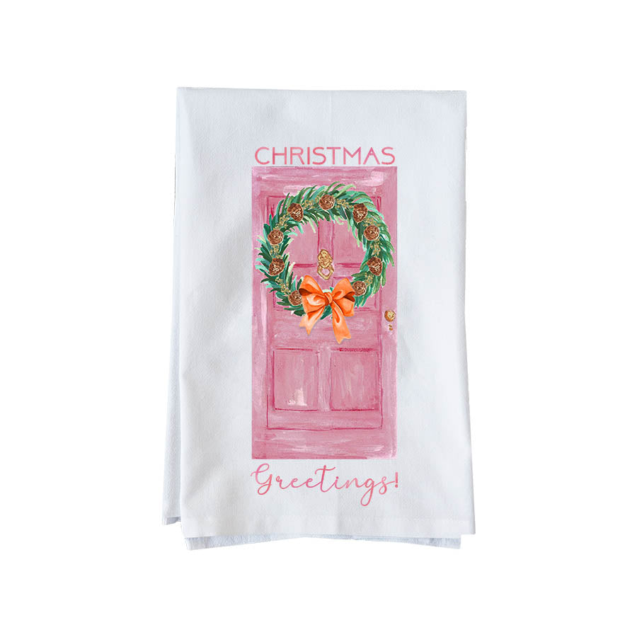 Christmas Greetings Pink Door Kitchen Towel