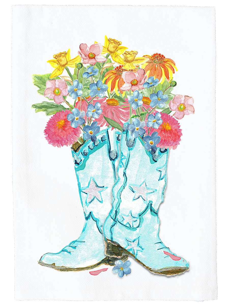 Blue Boot Floral Arrangement Kitchen Towel