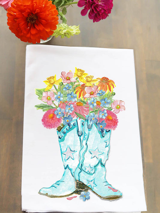 Blue Boot Floral Arrangement Kitchen Towel