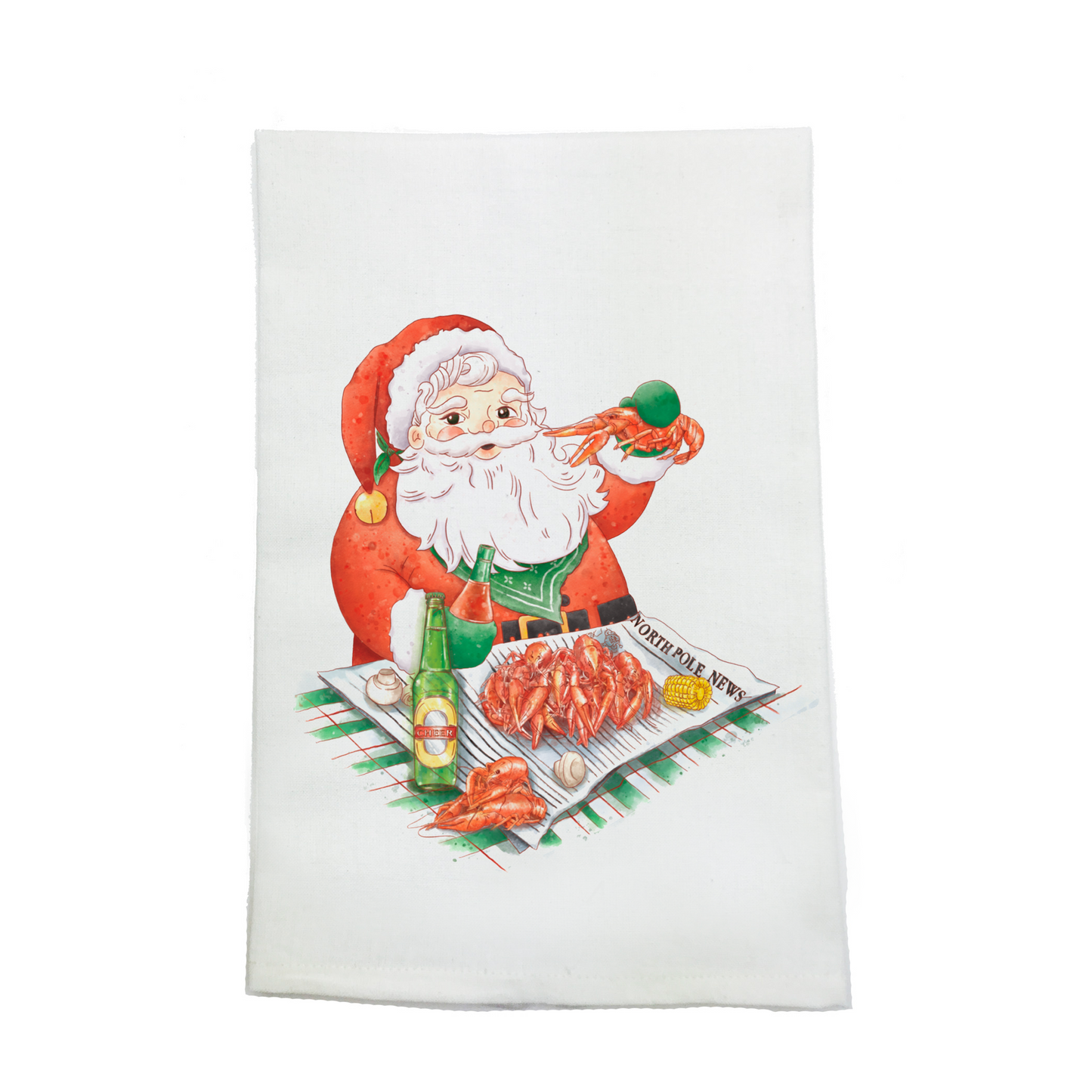 Tea towel with a cartoon Santa Claus eating crawfish on a white background