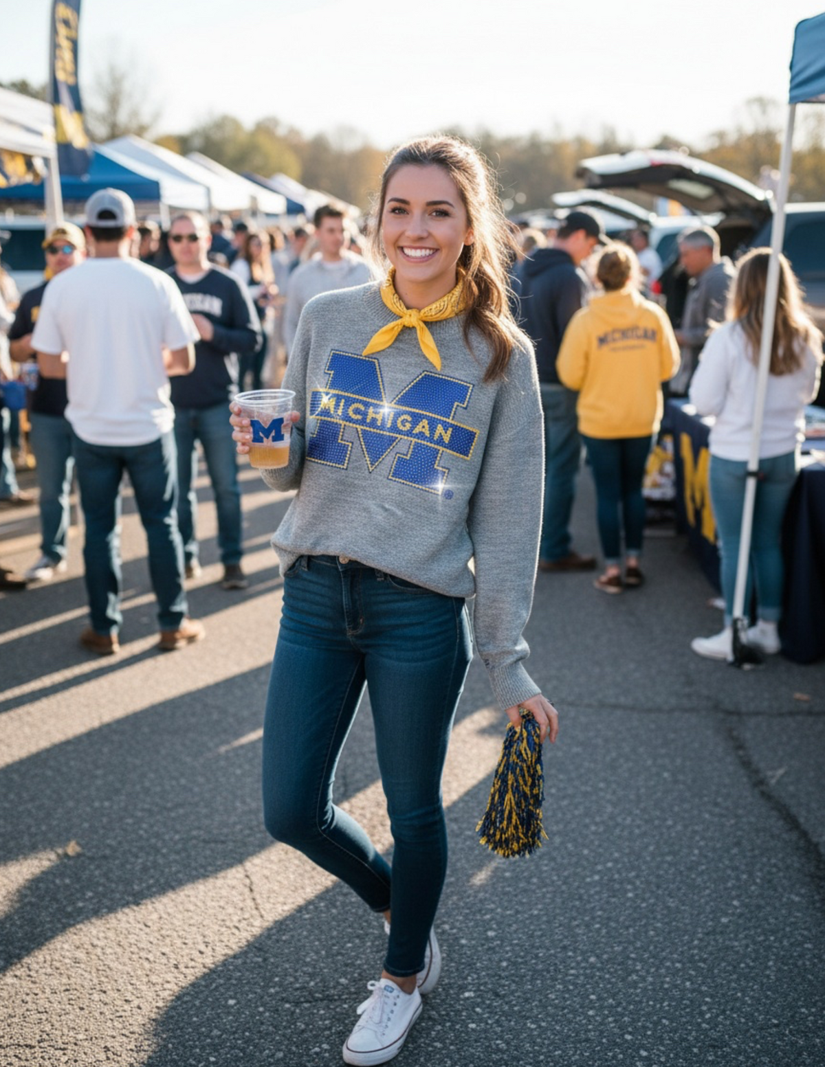 University of Michigan Block M Gray Crewneck Long Sleeve Sweater
