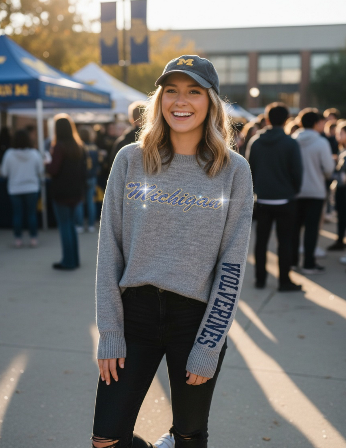 University of Michigan Wolverines Script Gray Crewneck Long Sleeve Sweater