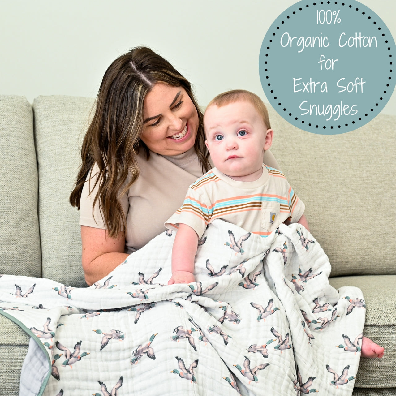 LollyBanks Muslin Baby Blanket, 100% Cotton Lightweight Baby Quilt, 47"x 47" and 6 Layers Newborn Blanket, (Mallard Duck Print)