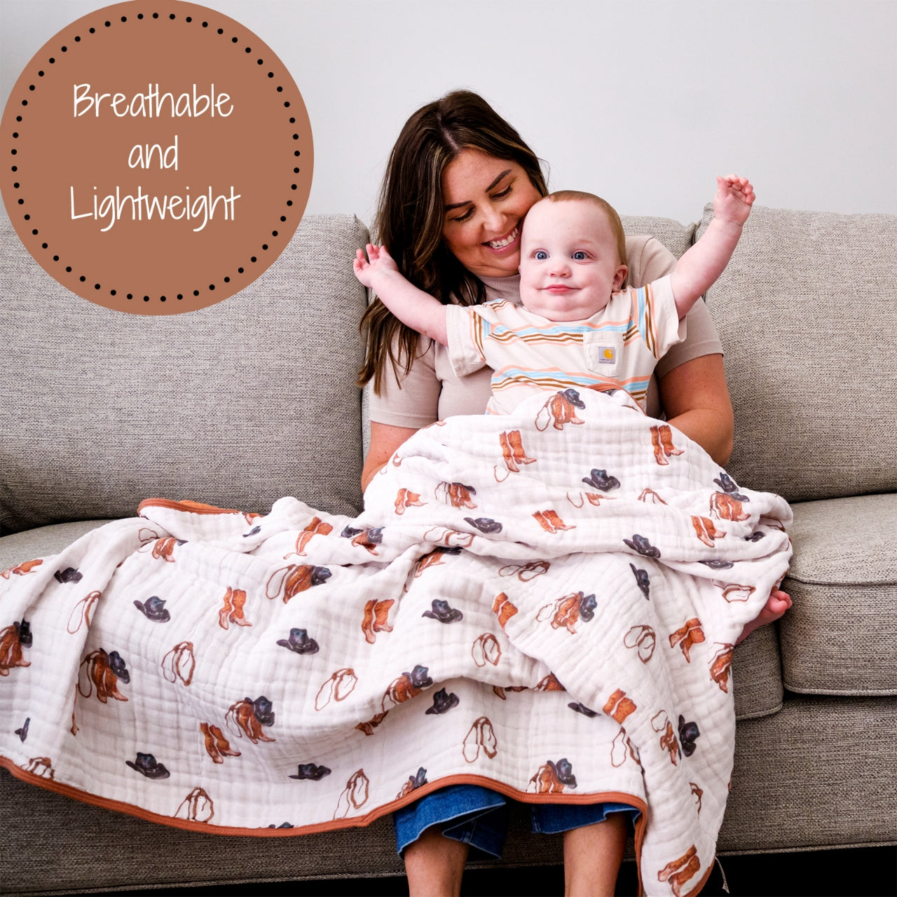LollyBanks Muslin Baby Blanket, 100% Cotton Lightweight Baby Quilt, 47"x 47" and 6 Layers Newborn Blanket, (Cowboy Print)