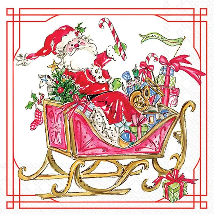 Roseanne Beck Santa’s Sleigh Luncheon Size Decoupage Napkin – Christmas Paper with Santa, Sleigh & Gifts for Holiday Crafts & DIY Decor