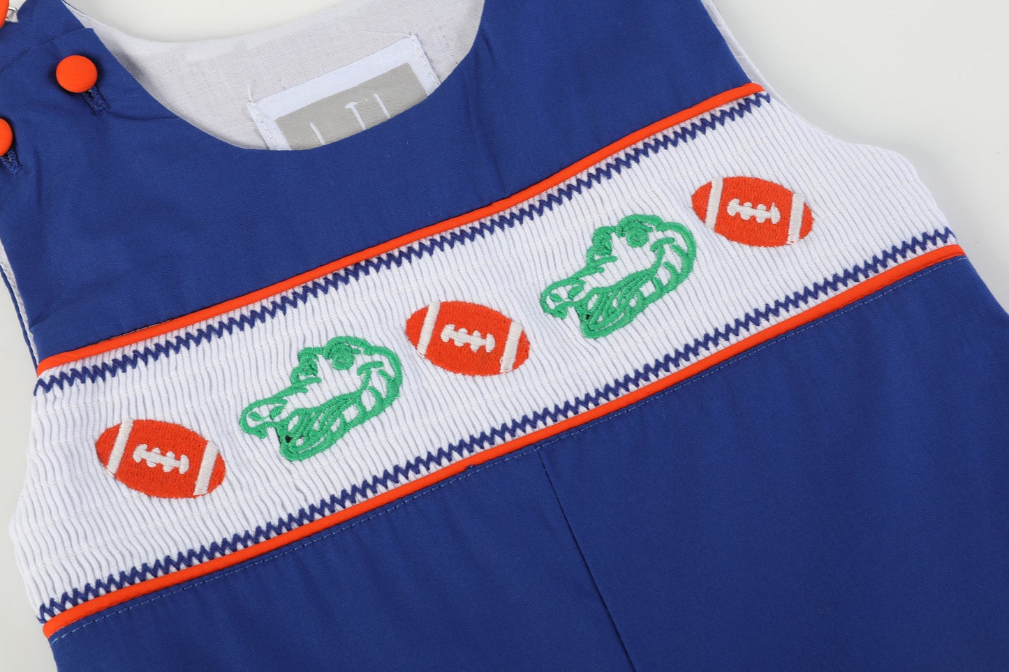 Blue and Orange Football Smocked Longalls