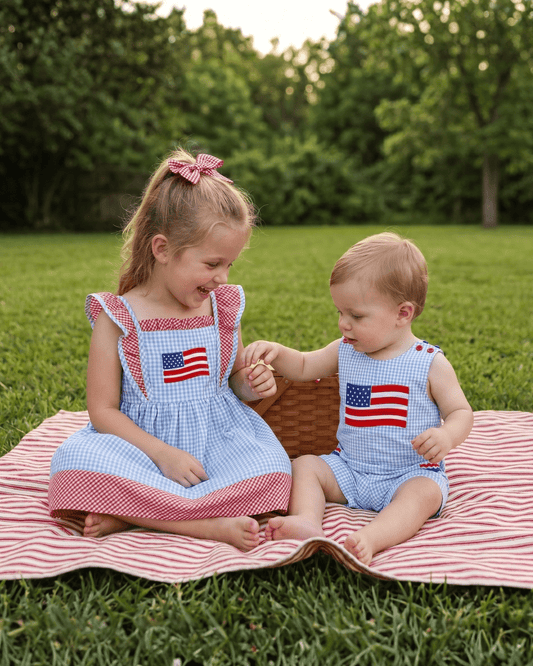 Blue Gingham American Flag Pocket Shortalls