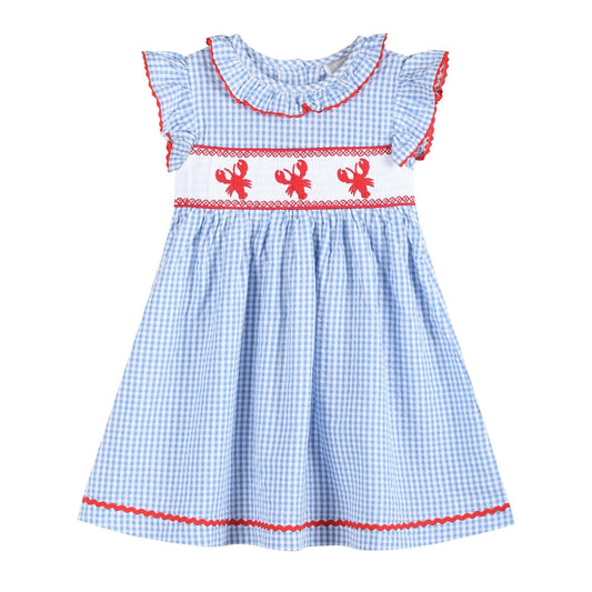 Blue Gingham Crawfish Smocked Dress