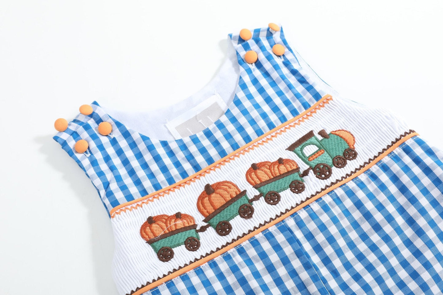 Blue Gingham Pumpkin Train Smocked Longalls