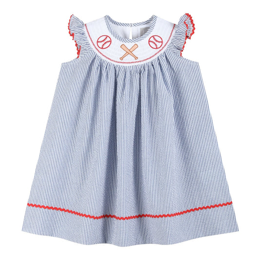 Blue Seersucker Baseball Smocked Bishop Dress