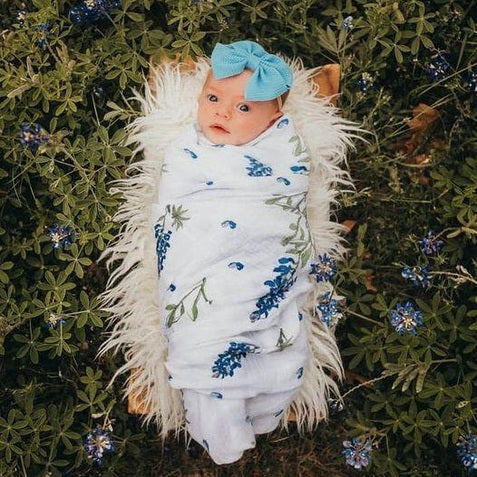 Bluebonnets Newborn Gift Set: Muslin Swaddle & Bib | Organic Cotton