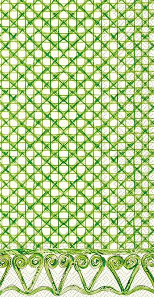 Guest size decoupage napkin featuring a green woven cane lattice design with scroll border for botanical crafts, nature decor, and mixed media projects.