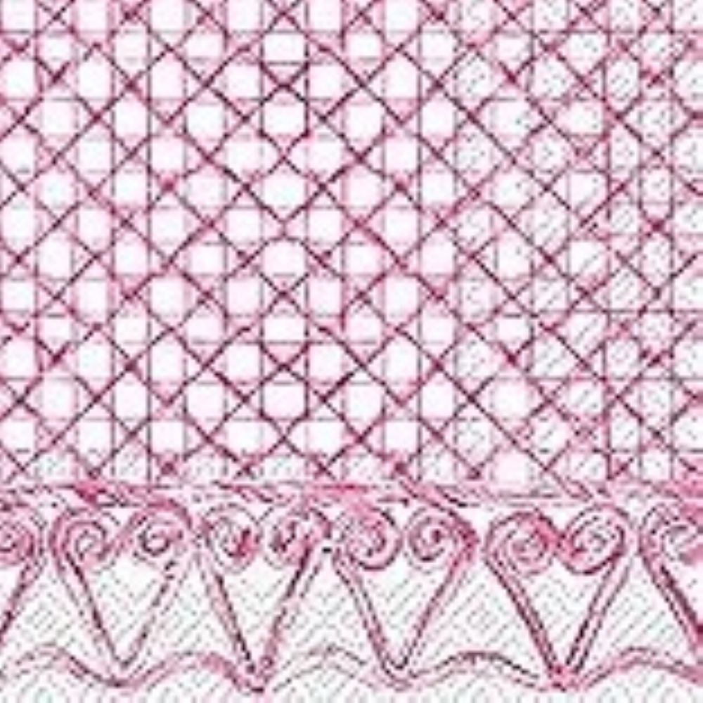 Guest size decoupage napkin featuring a pink woven cane lattice design with heart scroll border for modern botanical crafts and journals.