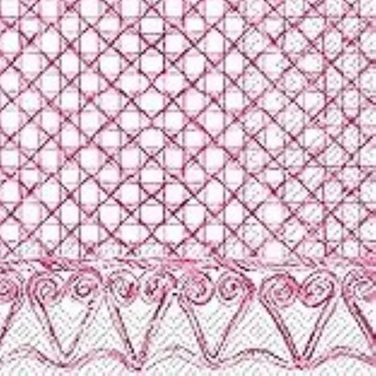 Guest size decoupage napkin featuring a pink woven cane lattice design with heart scroll border for modern botanical crafts and journals.