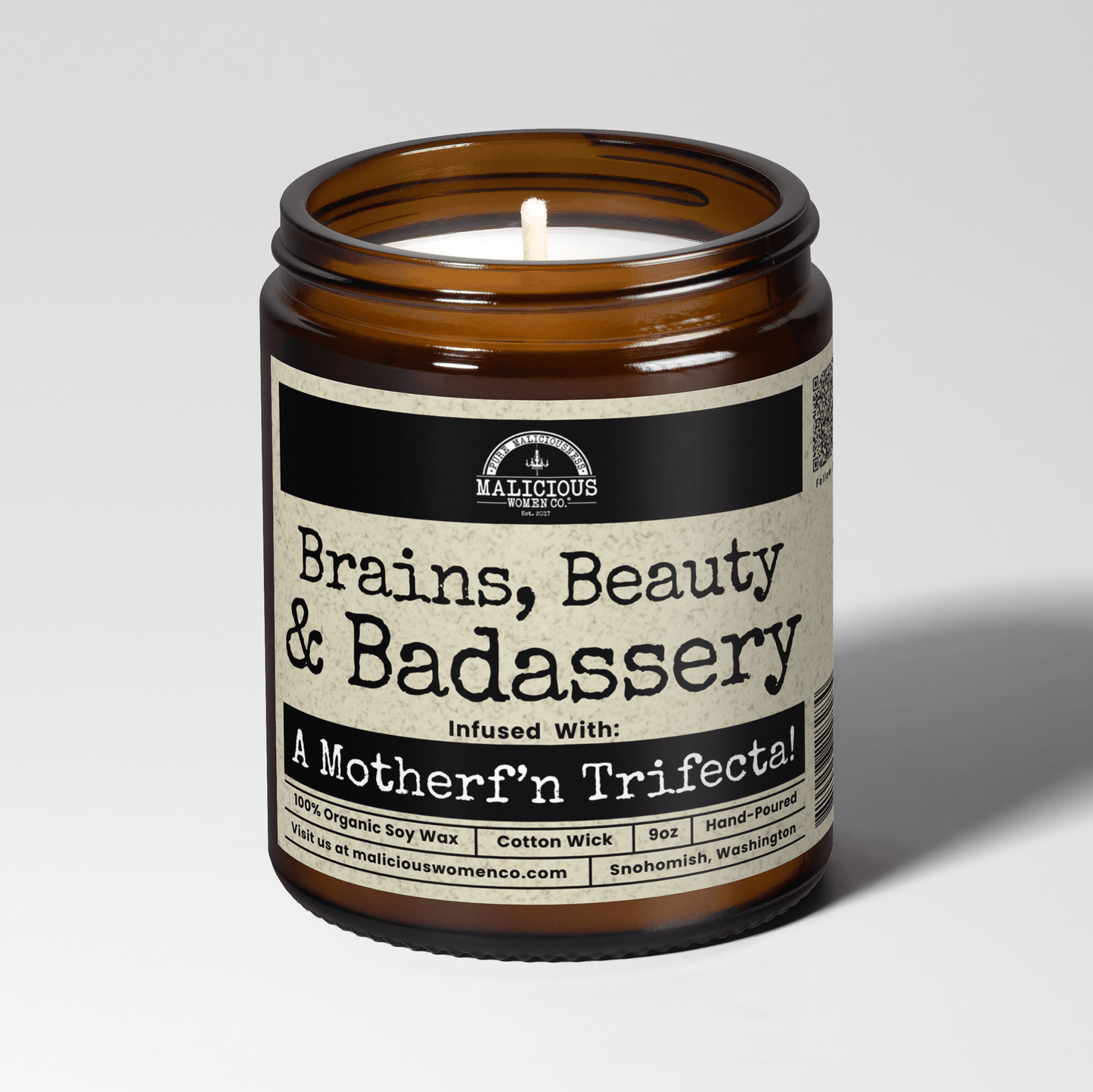 Brains Beauty Badassery | Scent: Rebel Rose | 9oz Funny Candle | Malicious Women Co
