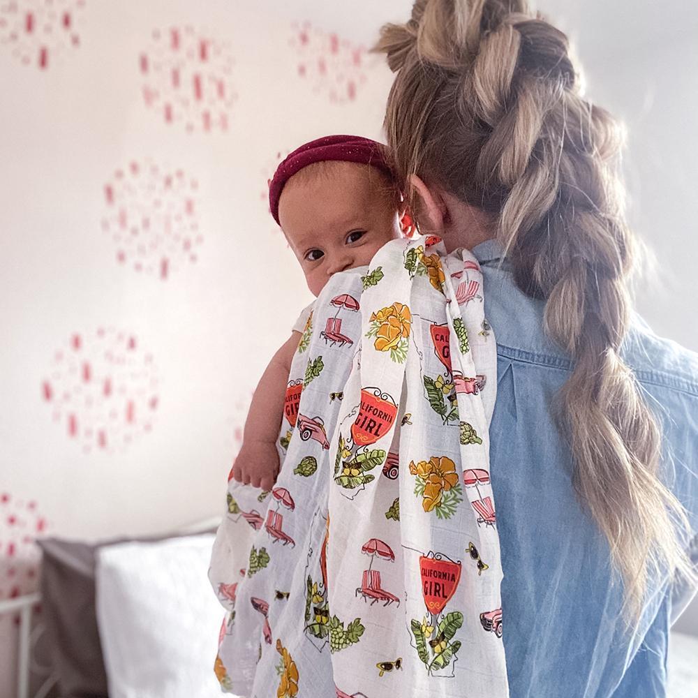 California Girl Baby Gift Set: Muslin Swaddle & Bib | Organic Cotton