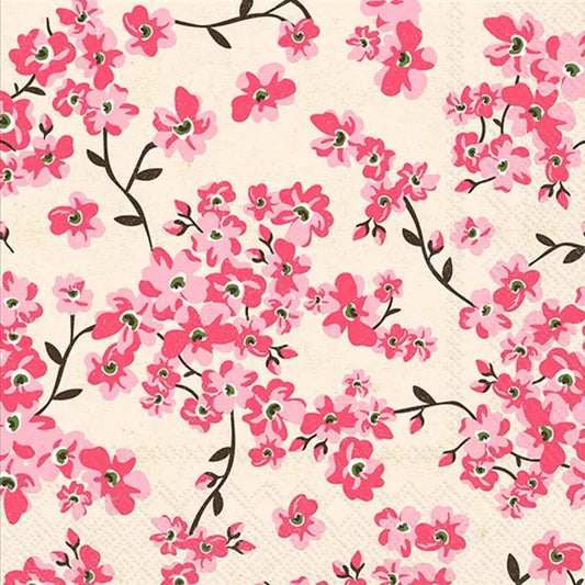 Luncheon size decoupage napkin with pink cherry blossom flowers and black branches on a white background, ideal for spring floral craft projects.