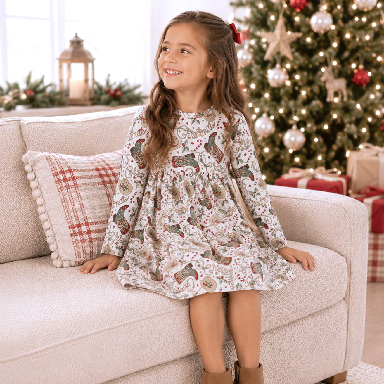 Western Christmas Girls Dress – Soft Bamboo Holiday Style