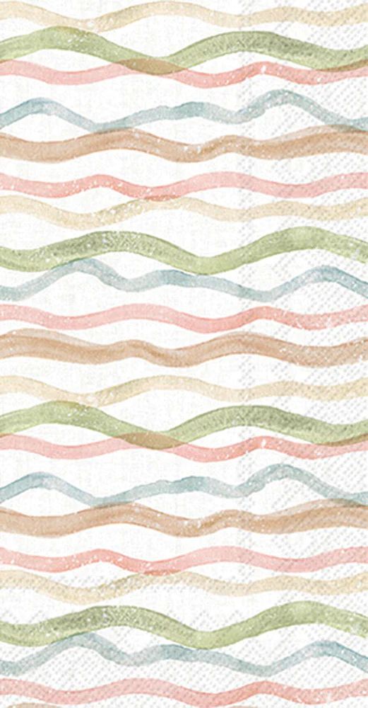 Guest size decoupage napkin with watercolor coast wave stripes in peach, green, tan, and blue tones for coastal crafts and summer decor.