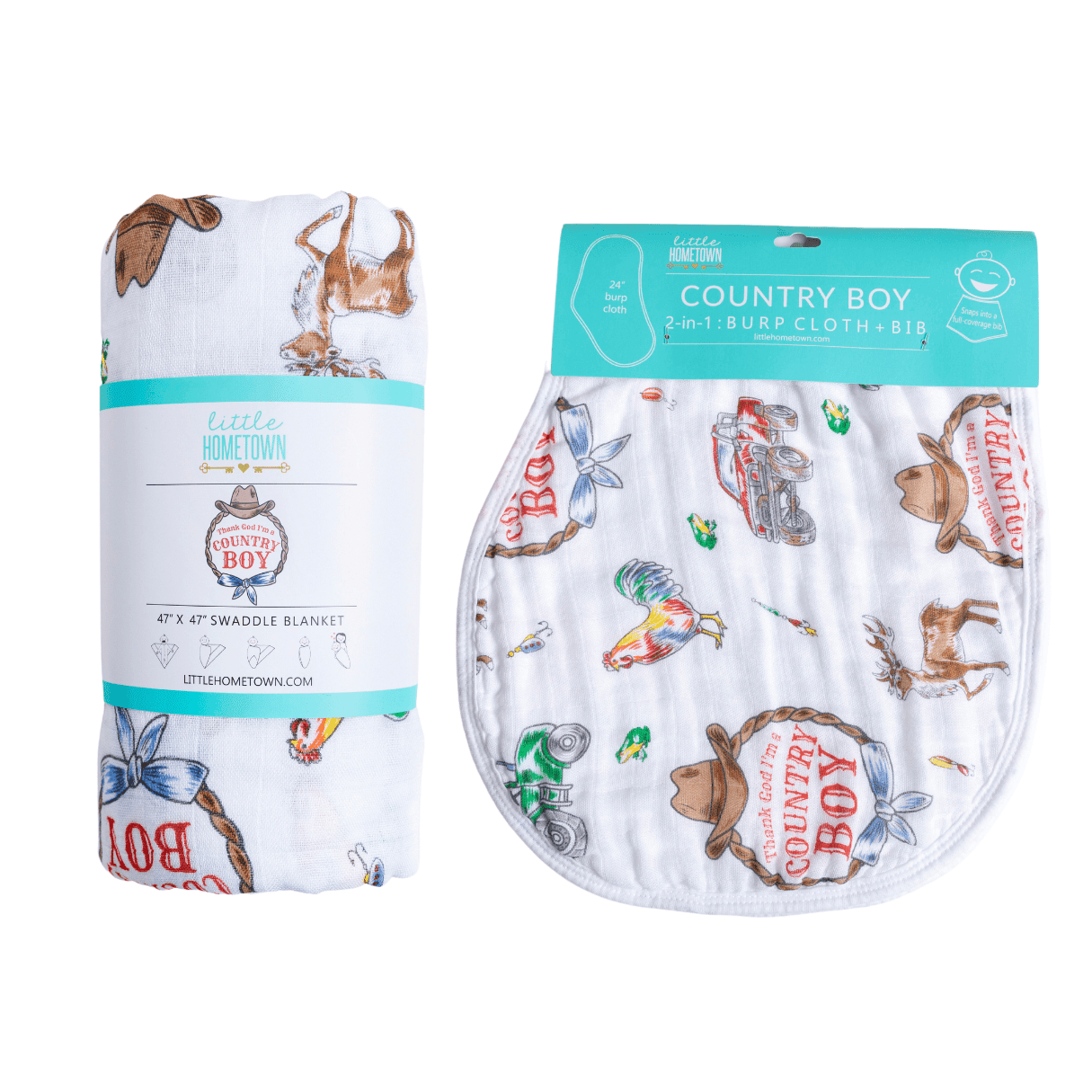 Country Boy Baby Gift Set: Muslin Swaddle & Bib | Organic Cotton
