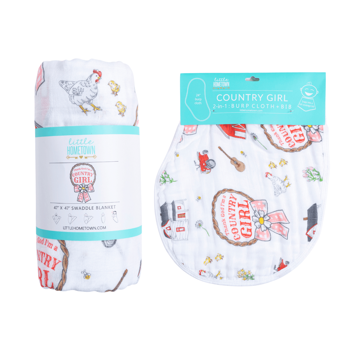 Country Girl Newborn Gift Set: Muslin Swaddle & Bib | Organic Cotton