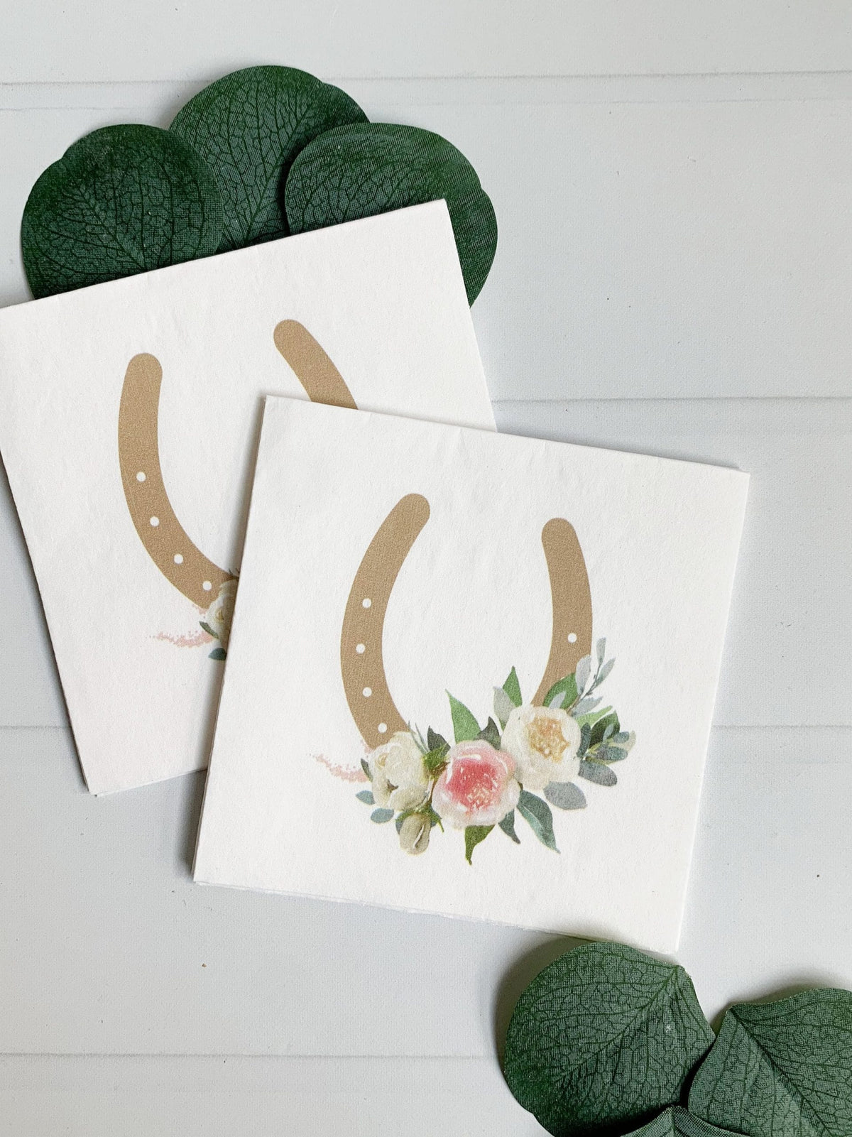 Western and Derby Cocktail Napkins - Gold Horseshoe with Ivory Blush Florals for Pony Party, Western Bridal Shower