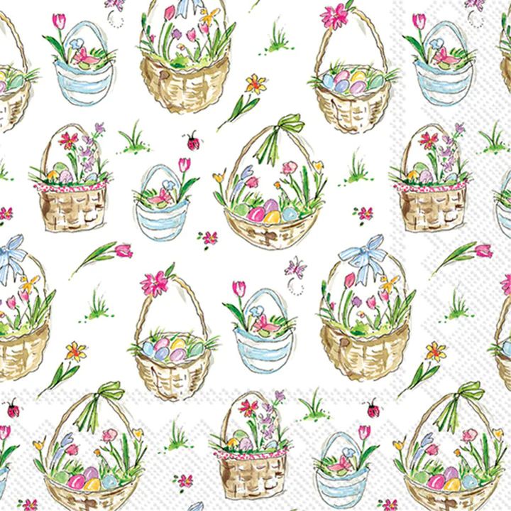 Cocktail size decoupage napkin featuring Easter baskets filled with flowers, eggs, and ribbons on a white background for spring and Easter crafts.