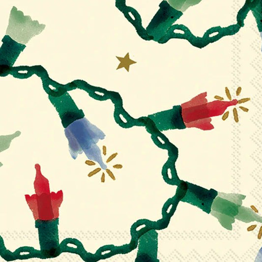 Christmas string light decoupage napkin featuring colorful red, yellow, green, and blue bulbs with glowing accents and small gold stars on a cream background.