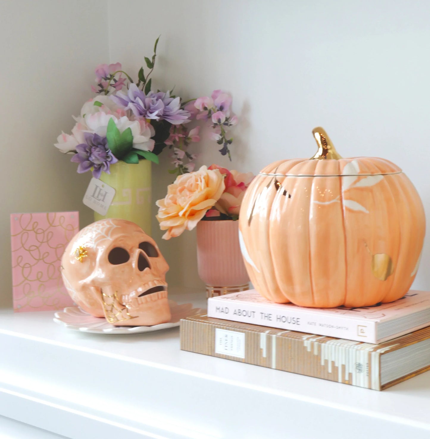 "Mr. Bones and Charlotte" Skull Decor with 22K Gold Accents- Sheer Orange