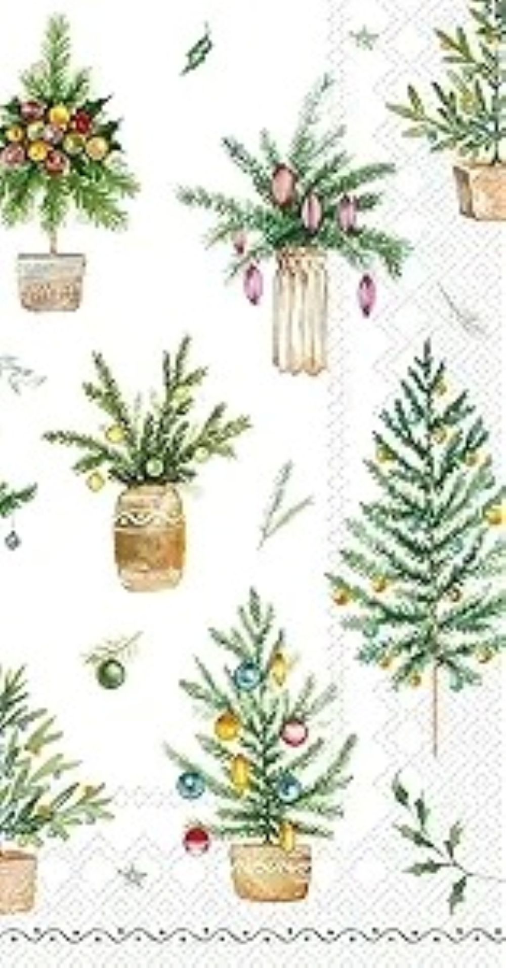 Guest size decoupage napkin featuring watercolor Christmas trees, potted evergreens, ornaments, and winter greenery on a light background