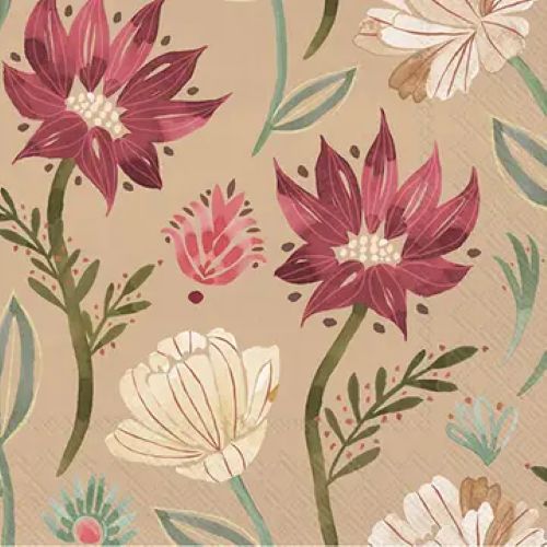 Cocktail size decoupage napkin with burgundy, cream, and gold flowers and greenery on a tan background, perfect for fall floral craft projects.