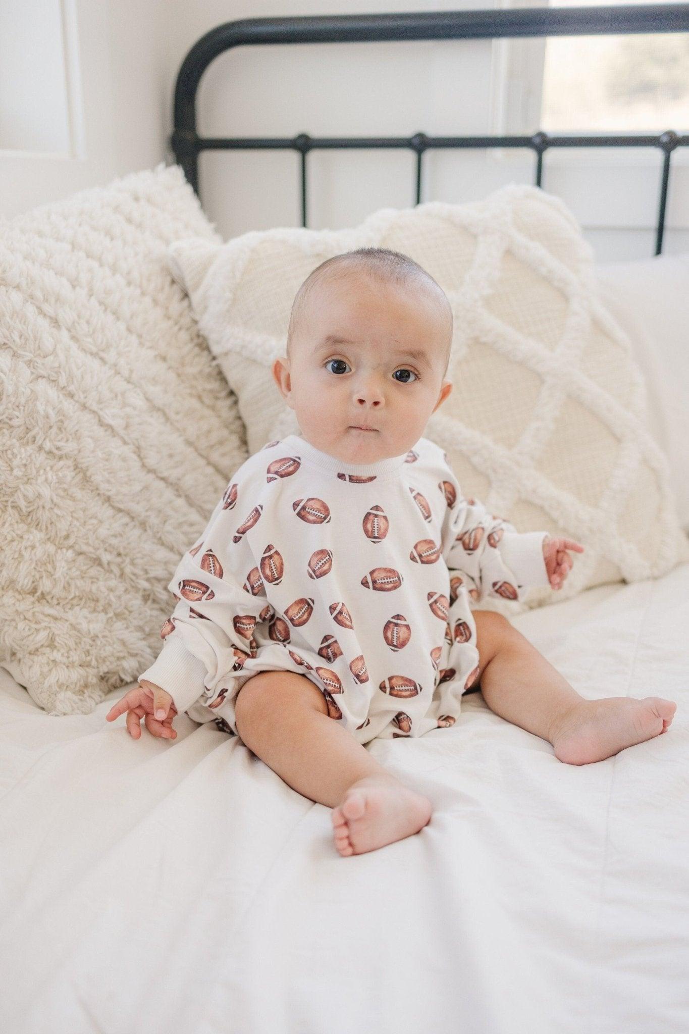 Football Print Bamboo Bubble Romper with Optional Embroidery