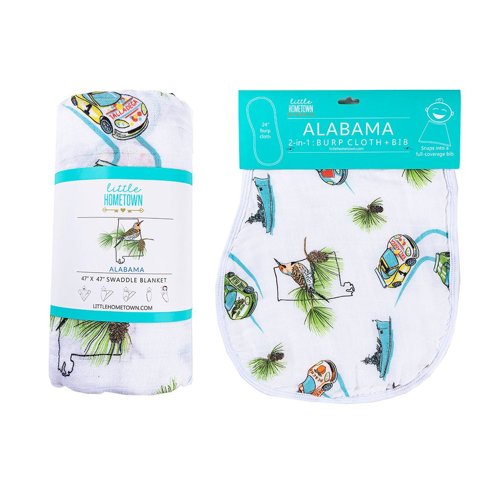 Alabama Baby Gift Set: Muslin Swaddle & Bib | Organic Cotton