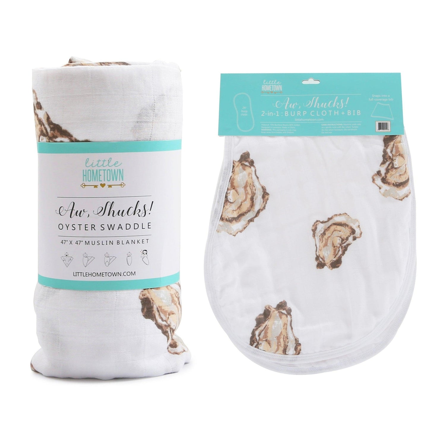 Aw Shucks! Oyster Baby Gift Set: Muslin Swaddle & Bib