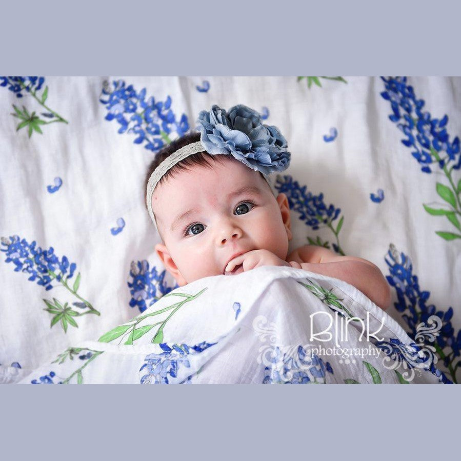 Bluebonnets Newborn Gift Set: Muslin Swaddle & Bib | Organic Cotton