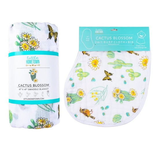 Cactus Blossom Newborn Gift Set: Muslin Swaddle & Bib