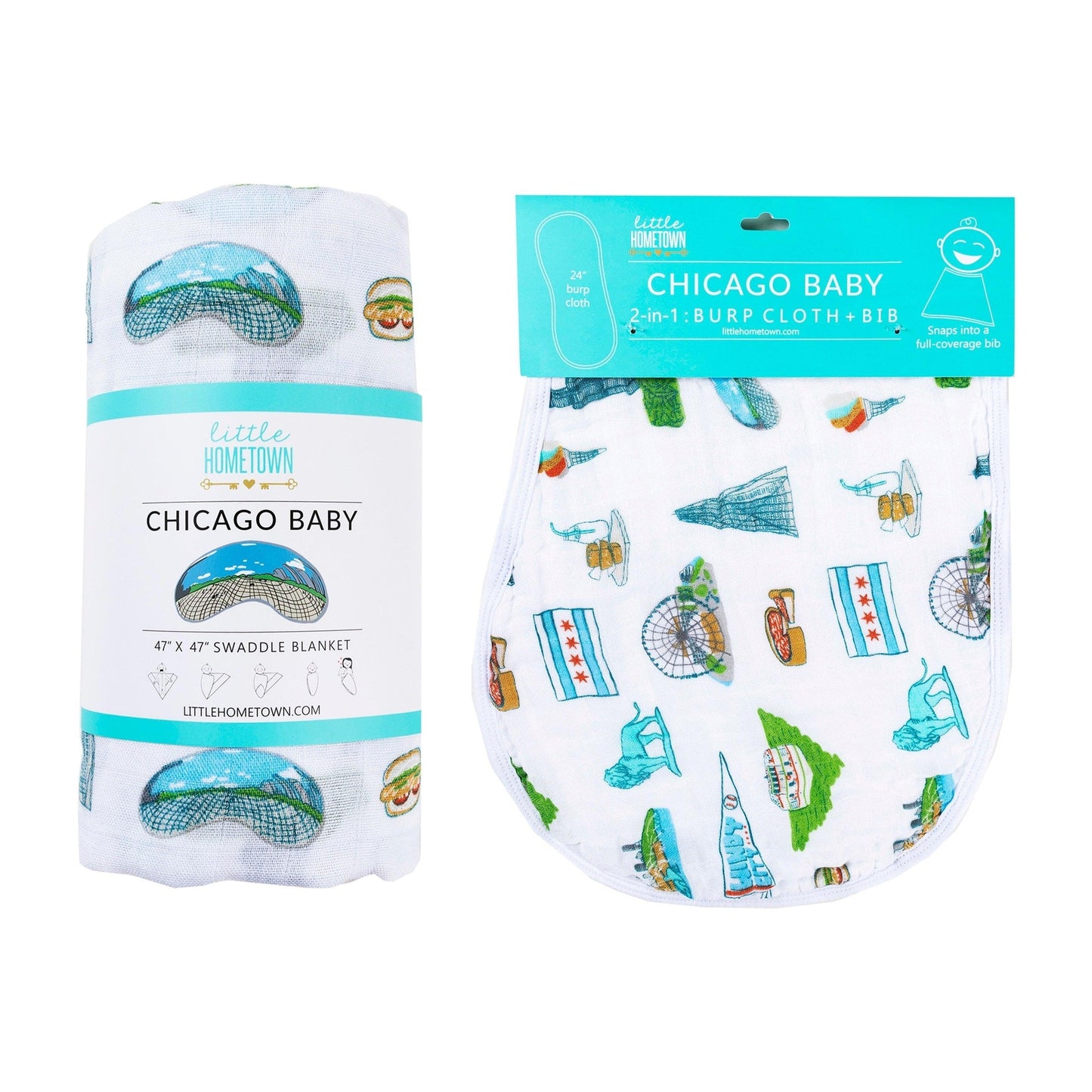 Chicago Newborn Gift Set: Muslin Swaddle & Bib | Organic Cotton