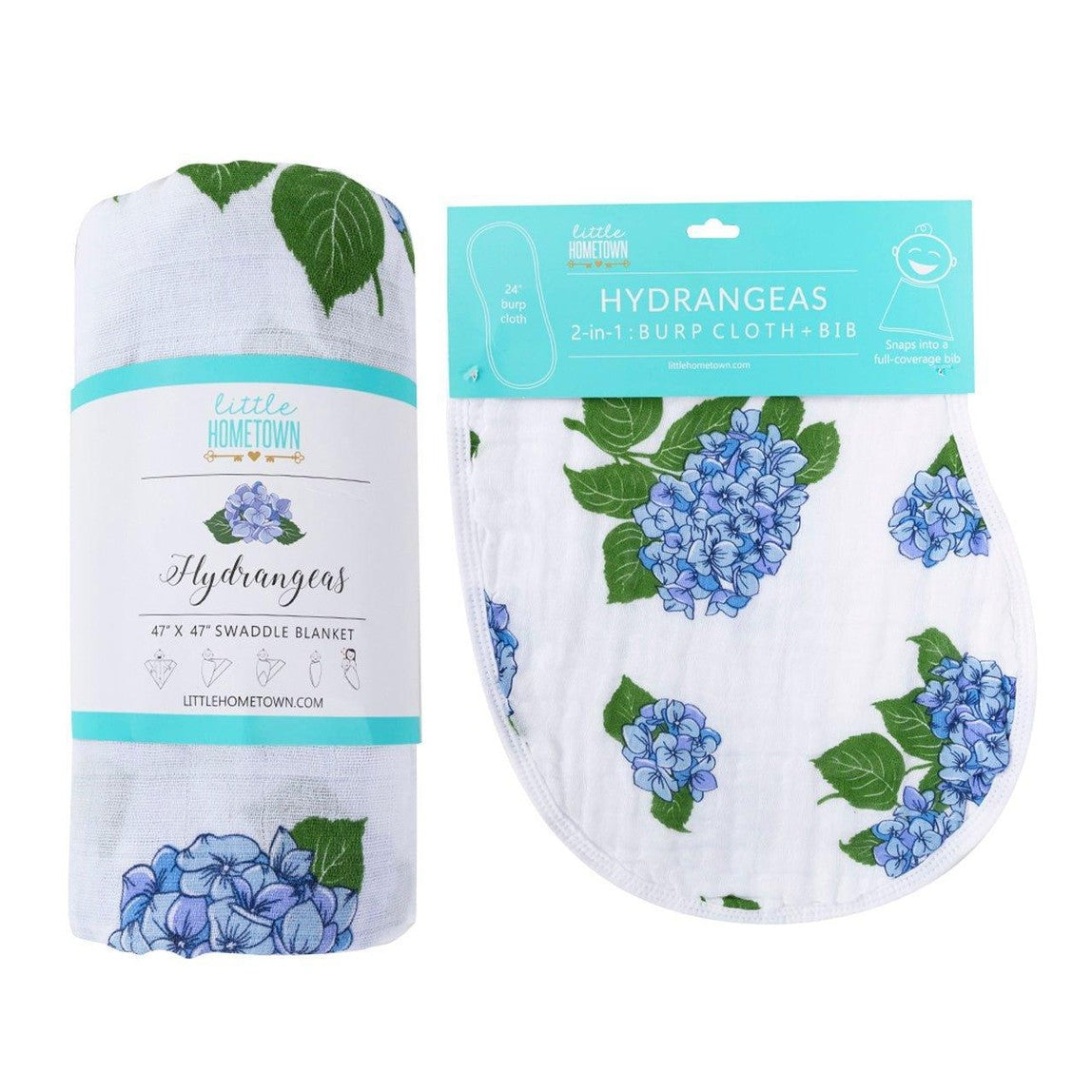 Hydrangeas Newborn Gift Set: Muslin Swaddle & Bib | Organic Cotton