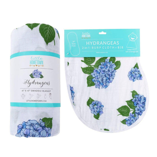 Hydrangeas Newborn Gift Set: Muslin Swaddle & Bib | Organic Cotton