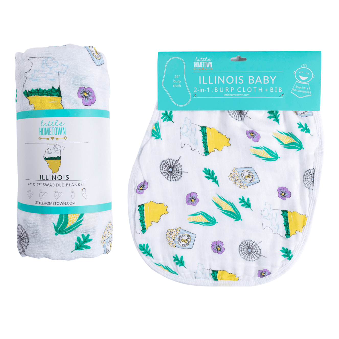 illinois Newborn Gift Set: Muslin Swaddle & Bib | Organic Cotton