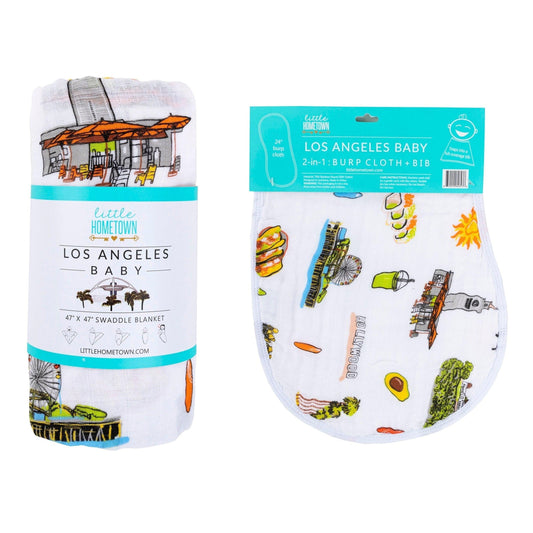 Los Angeles Newborn Gift Set: Muslin Swaddle & Bib | Organic Cotton