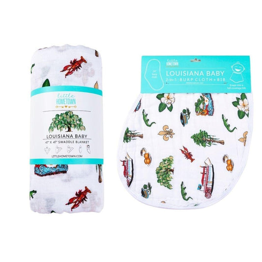 Louisiana Baby Gift Set: Muslin Swaddle & Bib | Organic Cotton