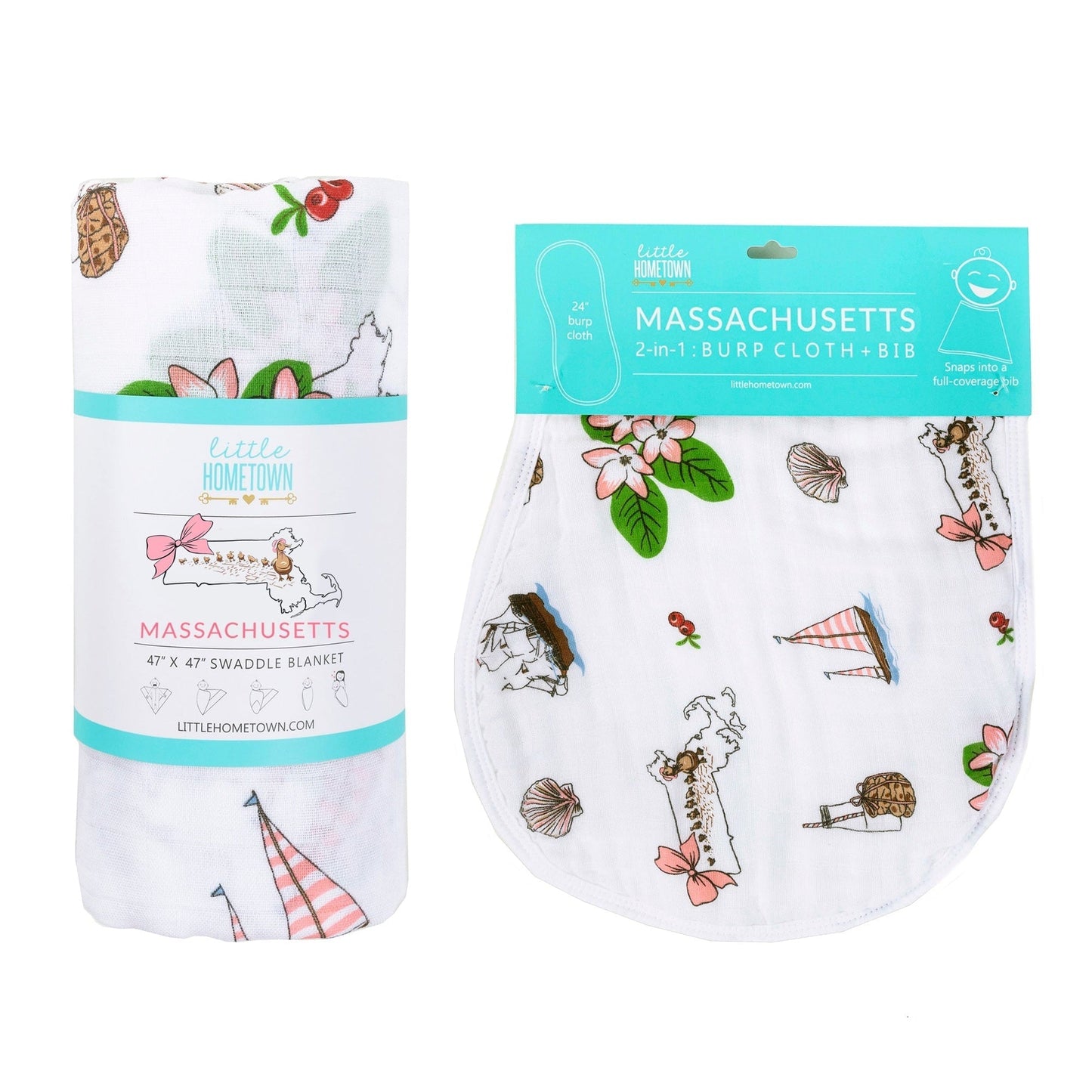 Massachusetts Floral Baby Gift Set: Muslin Swaddle & Bib