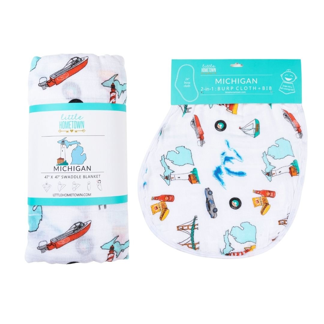 Michigan Newborn Gift Set: Muslin Swaddle & Bib | Organic Cotton