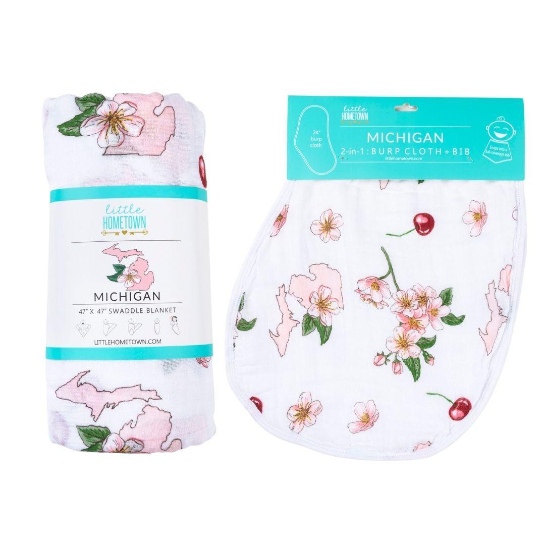 Michigan Newborn Gift Set: Muslin Swaddle & Bib (Floral)